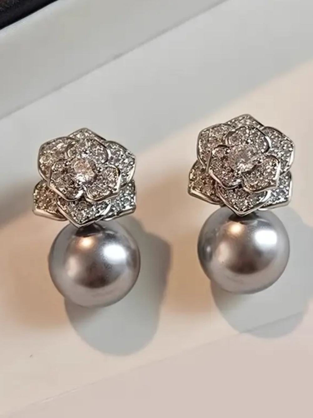 White Rhodium Pearl Drop Stud Earrings